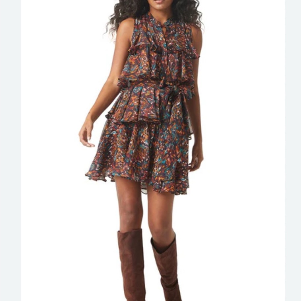 Misa Los Angeles Brown and Orange Ruffled Tiered Sundress
